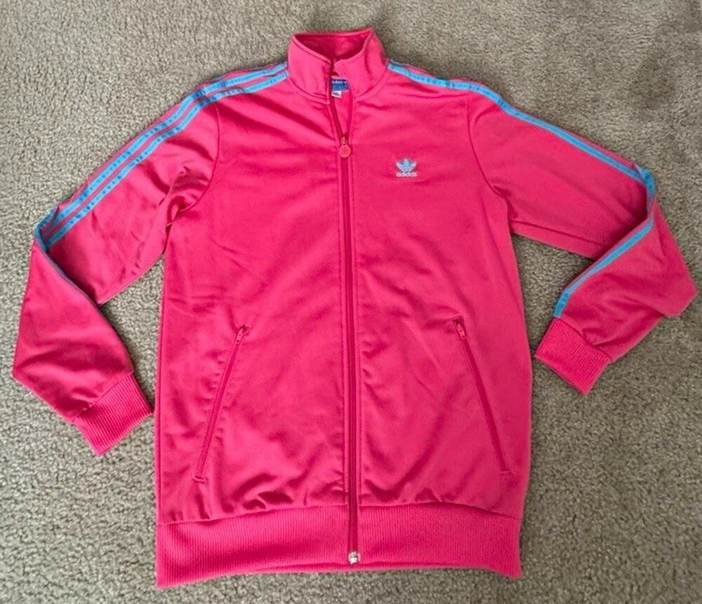 Adidas Originals Womens Medium Pink Blue 3 Stripe Full Zip Track Jacket Trefoil
